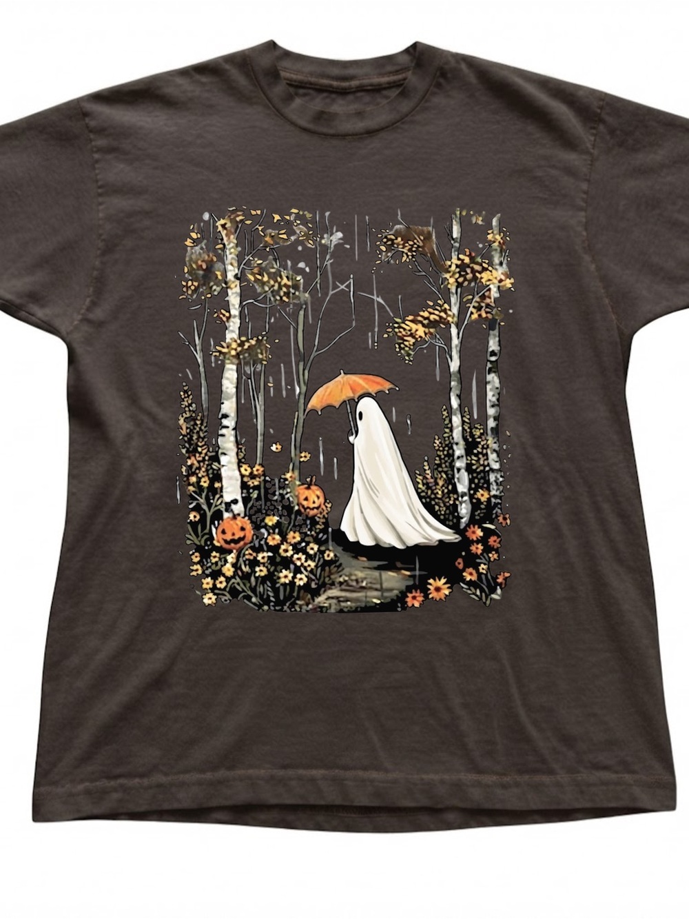 Ghost with Orange Umbrella Fall Autumn Forest Brown Gildan T-Shirt